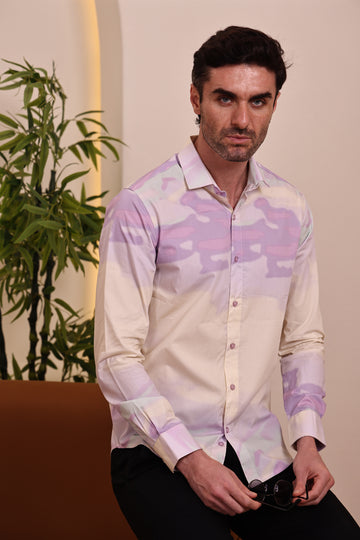 Men's Purple and Beige Camouflage Print Casual Shirt