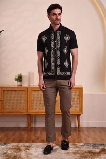 Men's Cotton  Linen Black Embroidered Shirt