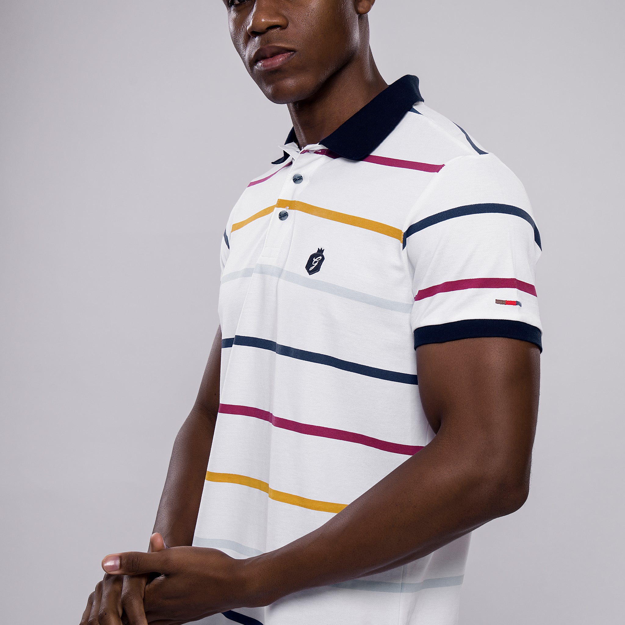 Men’s White Multi-Stripe Polo T-Shirt with Navy Collar & Logo Badge