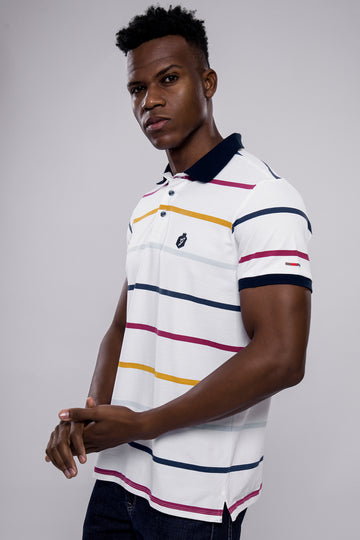Men’s White Multi-Stripe Polo T-Shirt with Navy Collar & Logo Badge