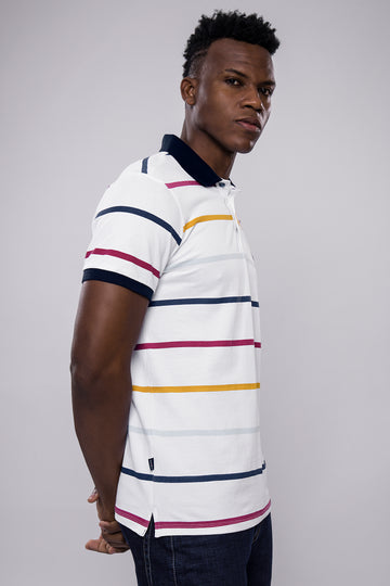Men’s White Multi-Stripe Polo T-Shirt with Navy Collar & Logo Badge