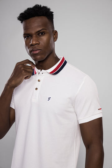 Men’s Classic Off White Polo T-Shirt with Red & Striped Collar and Logo Badge