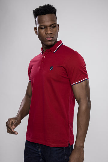 Men’s Solid Maroon Polo T-Shirt with Contrast Collar & Sleeve Tipping