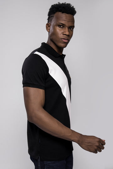 Men's Premium Black Polo T-Shirt with White Diagonal Stripe & Crest Embroidery