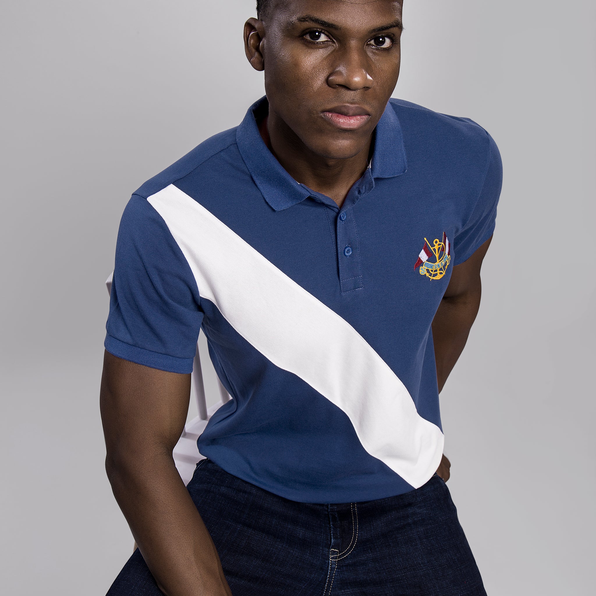 Men's Stylish Blue Polo T-Shirt with White Diagonal Stripe & Embroidered Crest