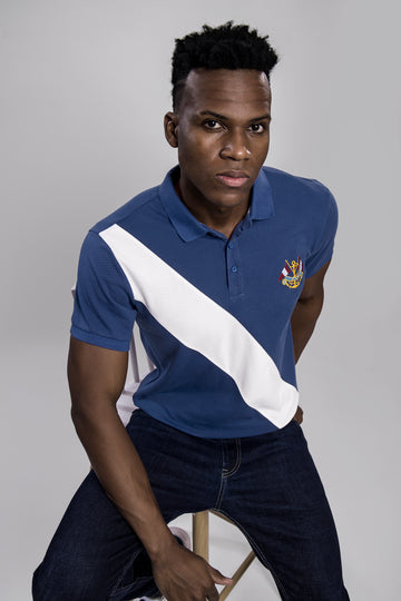 Men's Stylish Blue Polo T-Shirt with White Diagonal Stripe & Embroidered Crest