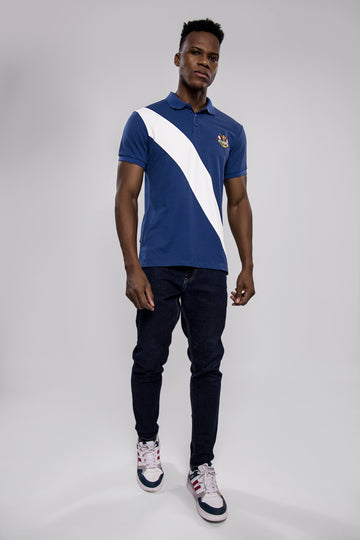 Men's Stylish Blue Polo T-Shirt with White Diagonal Stripe & Embroidered Crest