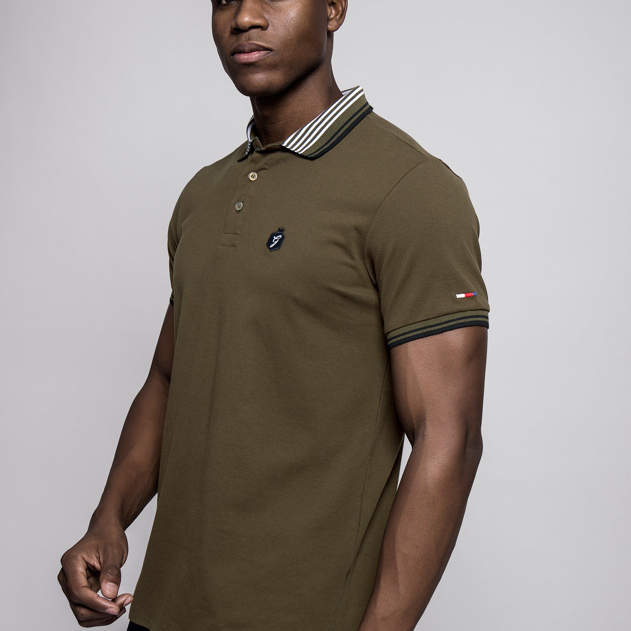 Men’s Olive Green Polo T-Shirt with Contrast Striped Collar