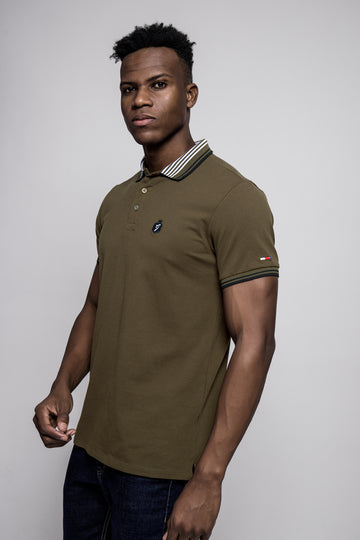 Men’s Olive Green Polo T-Shirt with Contrast Striped Collar