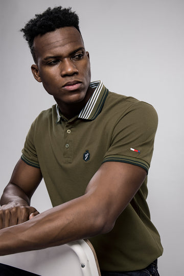 Men’s Olive Green Polo T-Shirt with Contrast Striped Collar