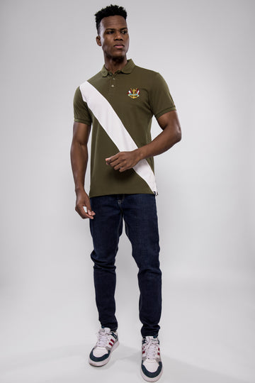 Men's Olive Green Polo T-Shirt with White Diagonal Stripe & Crest Embroidery
