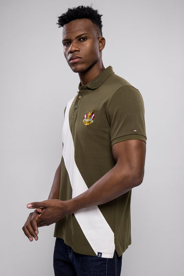 Men's Olive Green Polo T-Shirt with White Diagonal Stripe & Crest Embroidery
