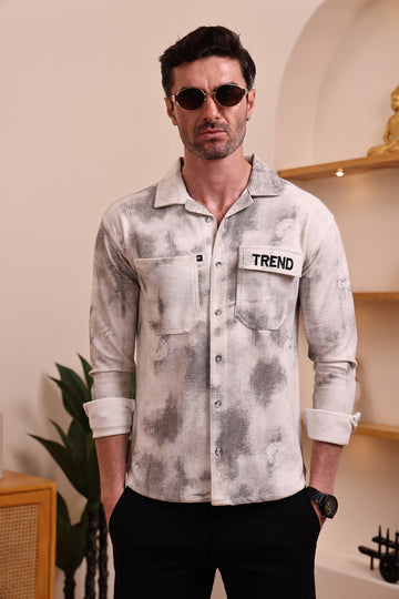 Men’s Stylish Casual Shacket Shirt – Grey & White Washed Pattern