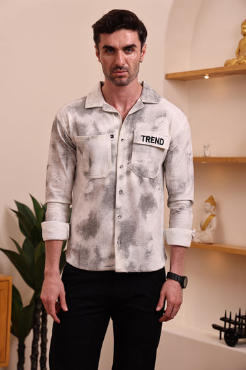 Men’s Stylish Casual Shacket Shirt – Grey & White Washed Pattern