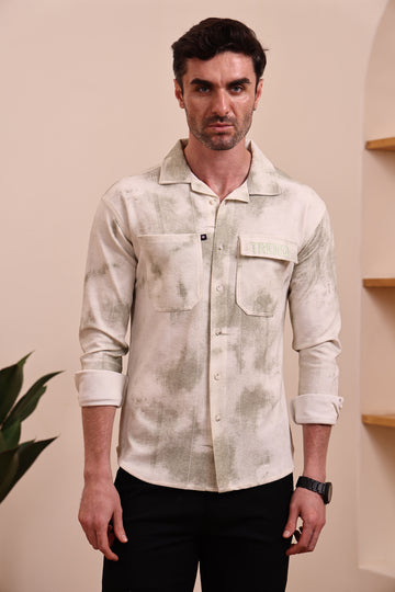Men’s Stylish Casual Shacket Shirt – Green & White Washed Pattern
