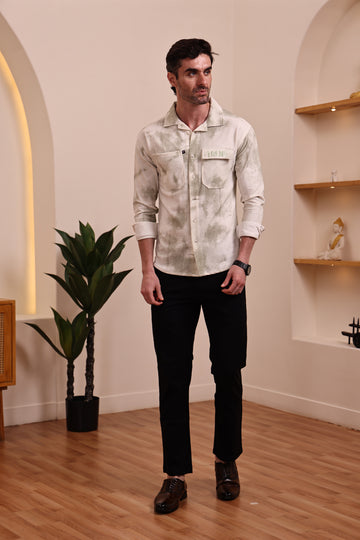Men’s Stylish Casual Shacket Shirt – Green & White Washed Pattern
