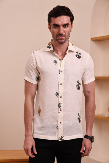 Men's Off-White Embroidery Half-Sleeve Casual Shirt
