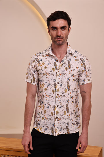 Men's White Floral Print Casual Shirt Slim fit