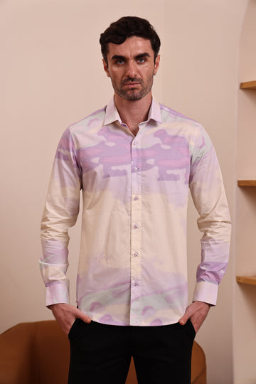 Men's Purple and Beige Camouflage Print Casual Shirt