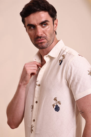 Men's Off-White Embriodery Half-Sleeve Casual Shirt