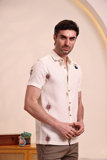 Men's Off-White Embriodery Half-Sleeve Casual Shirt