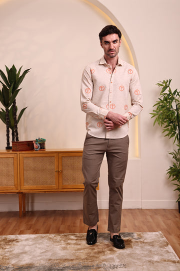 Men's Beige Orange jaquard  Casual Shirt