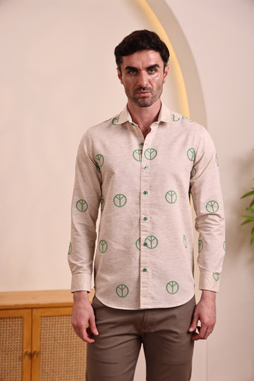 Men's Beige Green jaquard  Casual Shirt