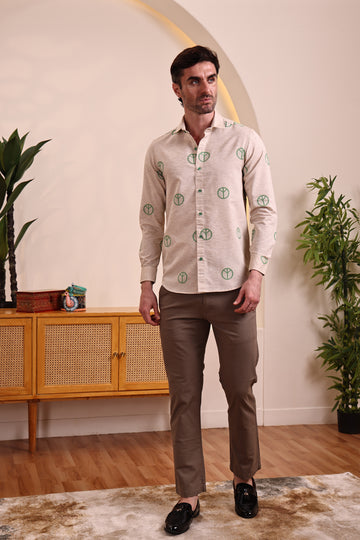 Men's Beige Green jaquard  Casual Shirt