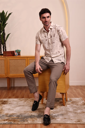 Men's Cotton Linen Beige Surreal Doodle Brown  Print Casual Shirt