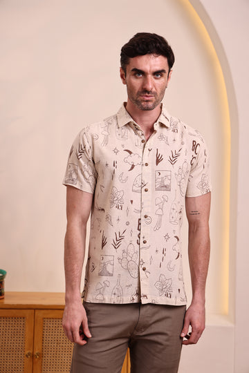 Men's Cotton Linen Beige Surreal Doodle Brown  Print Casual Shirt