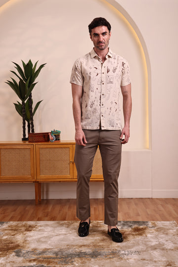 Men's Cotton Linen Beige Surreal Doodle Black Print Casual Shirt