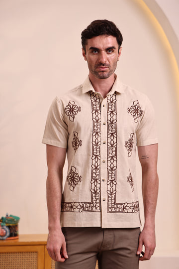 Men's Cotton Linen Beige Embroidered Shirt
