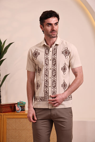 Men's Cotton Linen Beige Embroidered Shirt