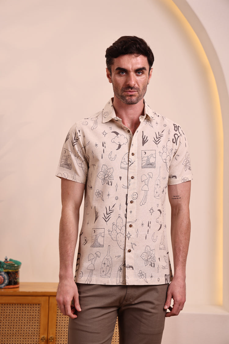 Men's Cotton Linen Beige Surreal Doodle Black Print Casual Shirt