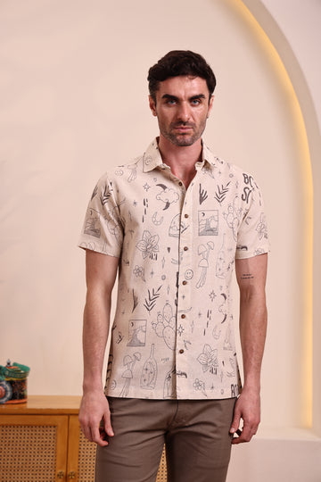 Men's Cotton Linen Beige Surreal Doodle Black Print Casual Shirt
