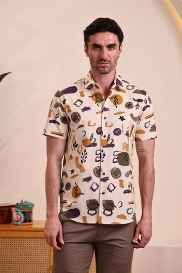 Men's Yellow Abstract Print Short Sleeve Shirt.