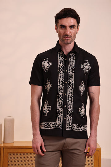 Men's Cotton  Linen Black Embroidered Shirt