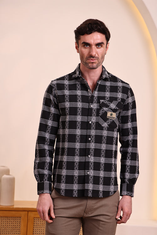 Men’s Black & White Cotton Check Casual Shirt – Full Sleeves