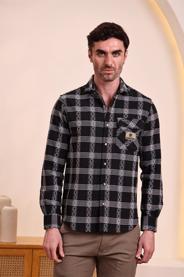 Men’s Black & White Cotton Check Casual Shirt – Full Sleeves