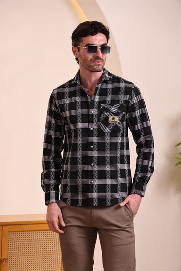Men’s Black & White Cotton Check Casual Shirt – Full Sleeves