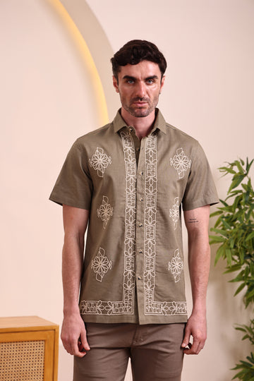 Men's Cotton  Linen Olive Green Embroidered Shirt