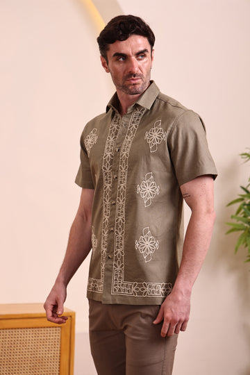 Men's Cotton  Linen Olive Green Embroidered Shirt