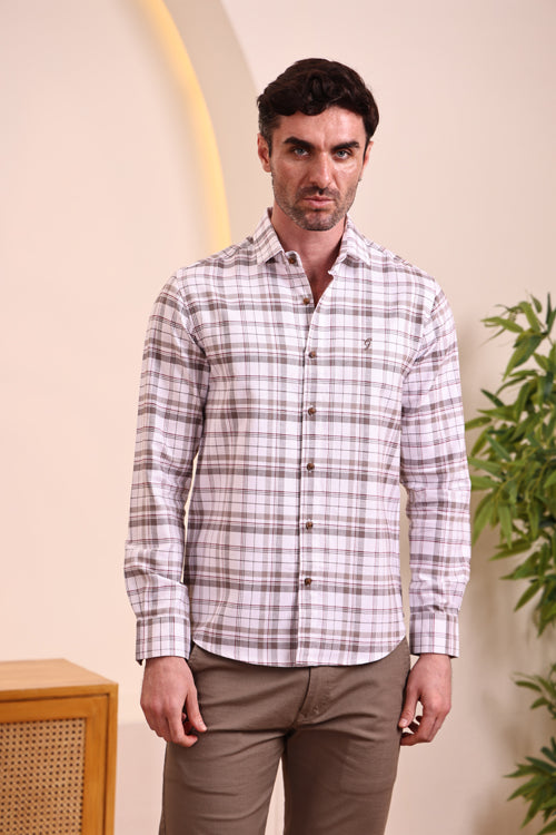 Men’s Cotton White & Grey Check Casual Shirt – Full Sleeve