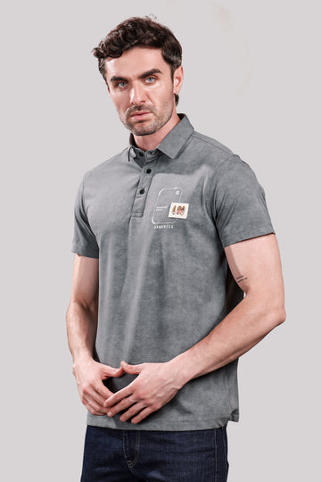 Men’s Grey Polo T-Shirt – Casual Wear with Chest Patch Print