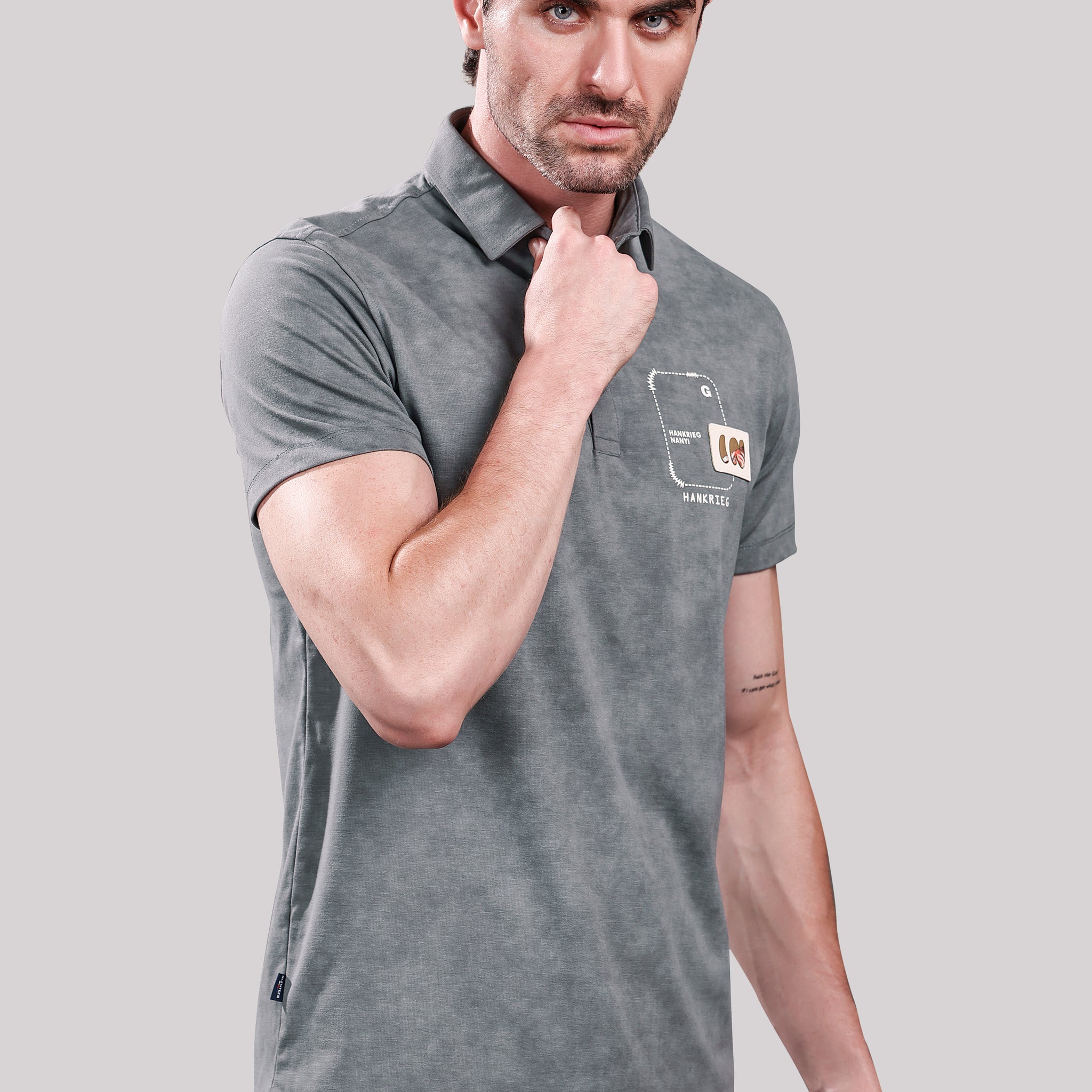 Men’s Grey Polo T-Shirt – Casual Wear with Chest Patch Print