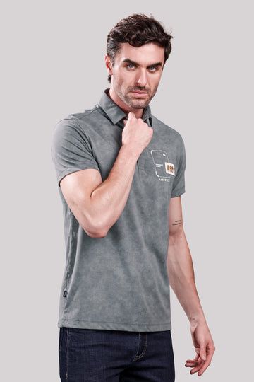 Men’s Grey Polo T-Shirt – Casual Wear with Chest Patch Print