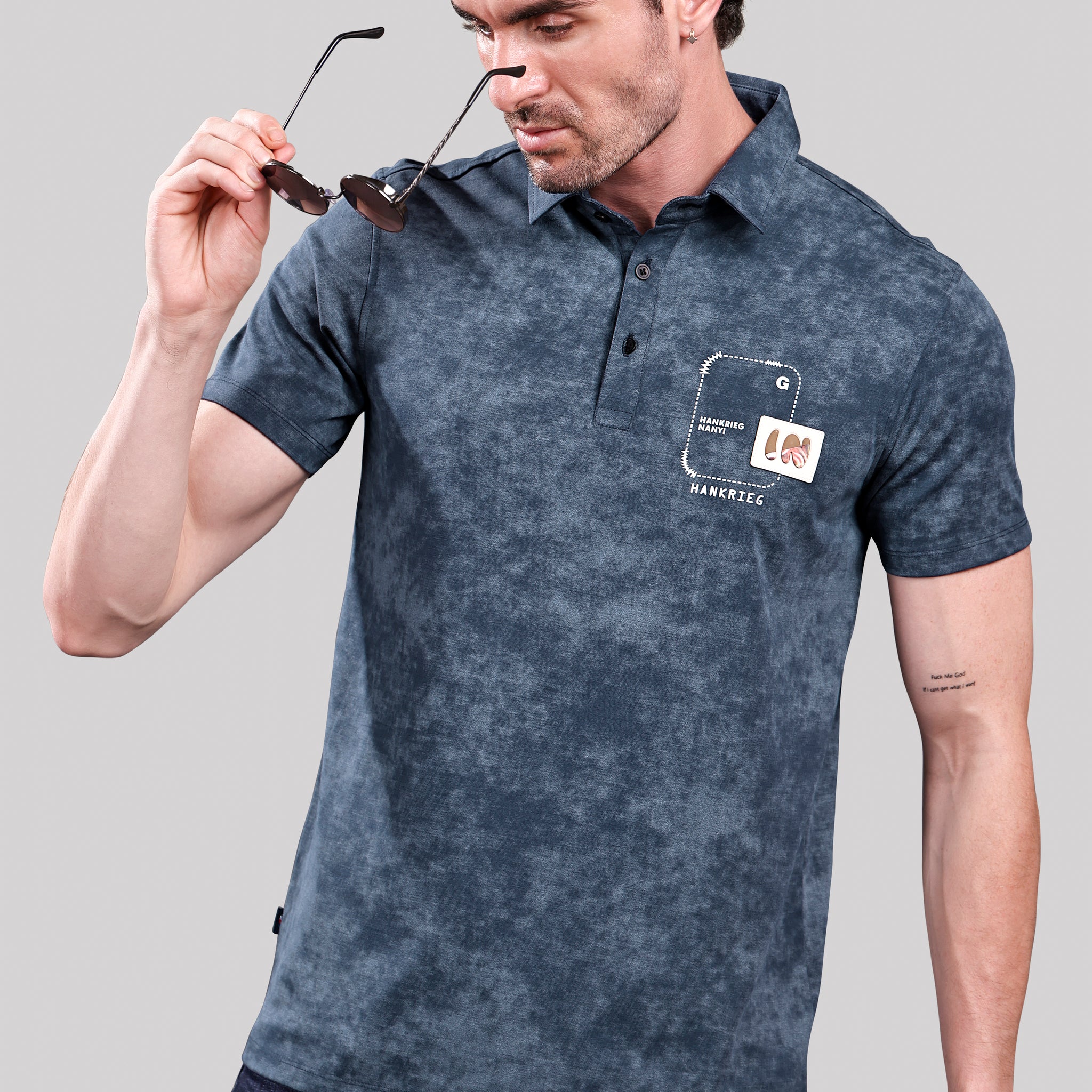 Men’s Navy Blue Polo T-Shirt – Casual Wear with Stylish Chest Patch Print