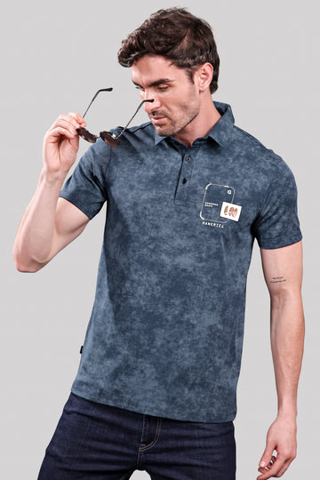 Men’s Navy Blue Polo T-Shirt – Casual Wear with Stylish Chest Patch Print