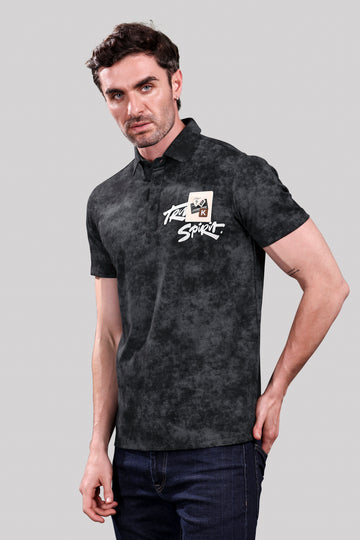 Men’s Casual Black Polo T-Shirt – Tie-Dye Effect with Graphic Print