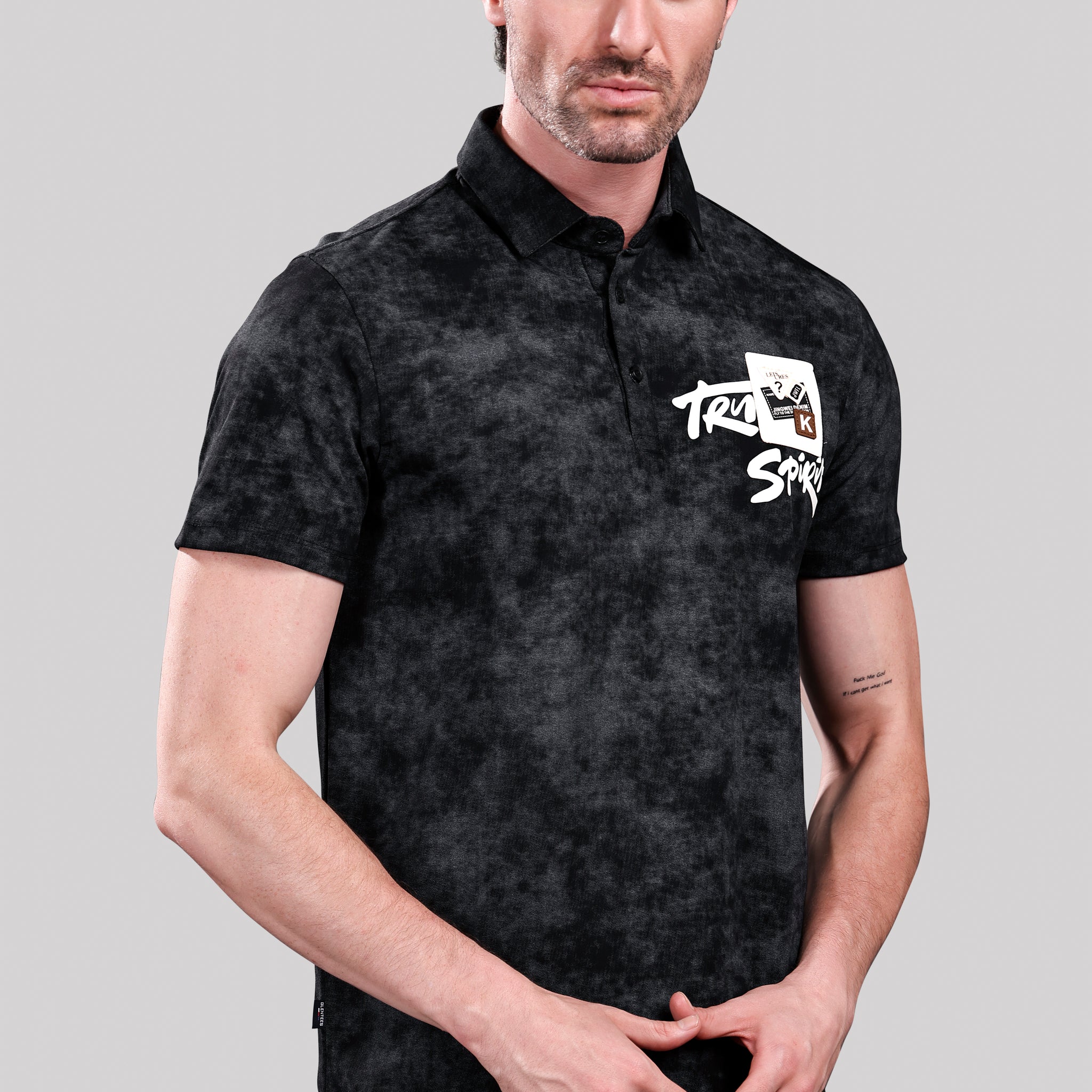 Men’s Casual Black Polo T-Shirt – Tie-Dye Effect with Graphic Print